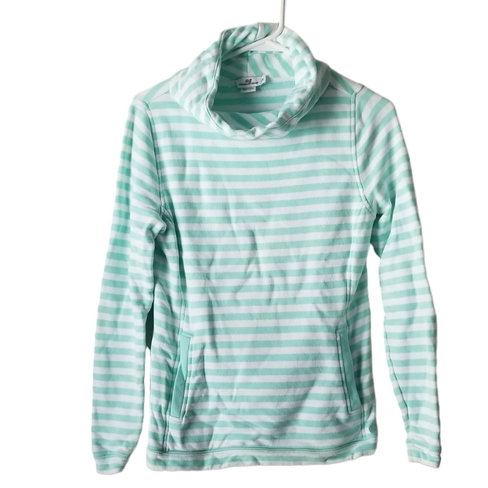 Vineyard Vines Striped Knit Pullover White/Aqua Cowlneck, Kangaroo Pockets XS